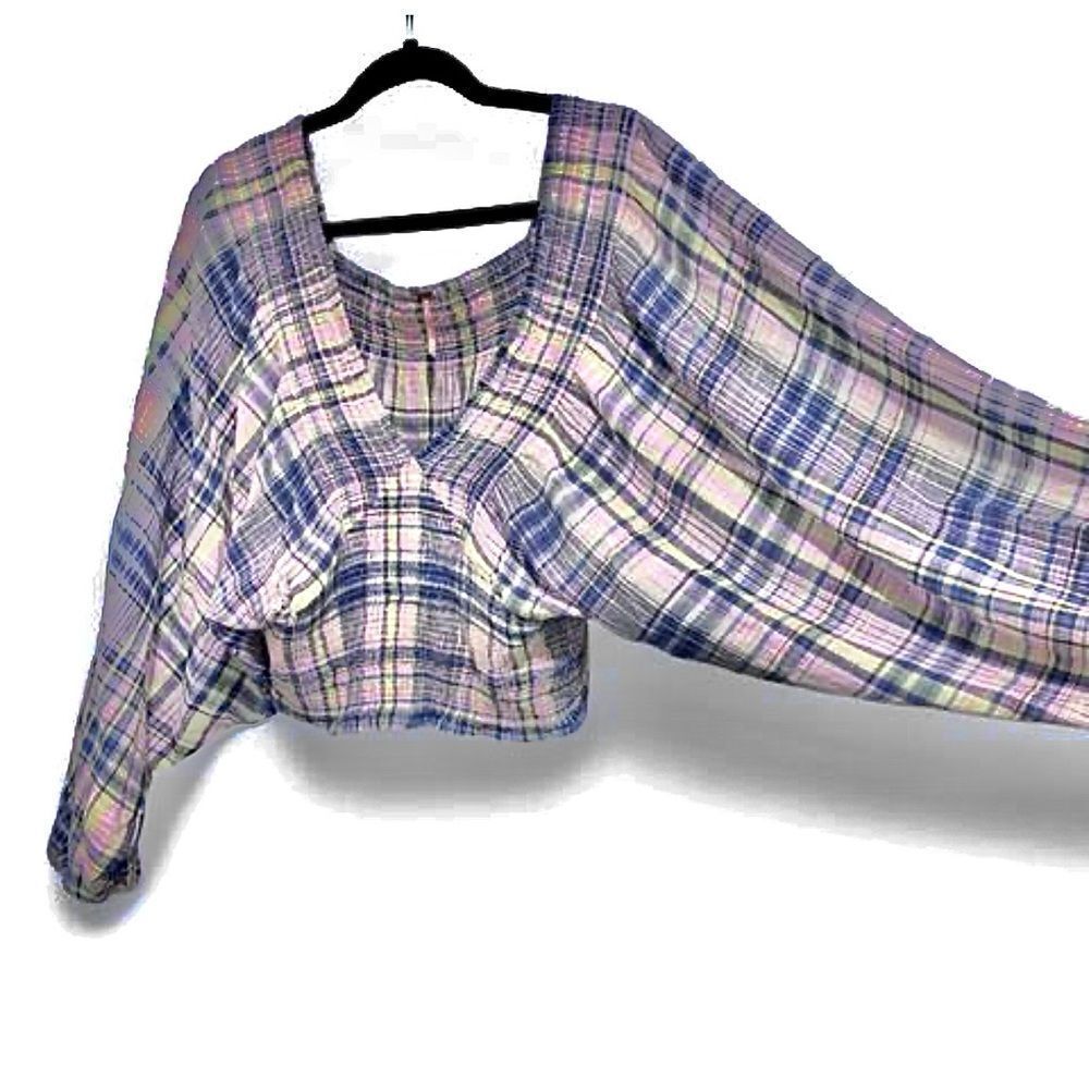 Free People Marlena Plaid Reversable Gauze Smocked Top NWOT Size S - Picture 7 of 16